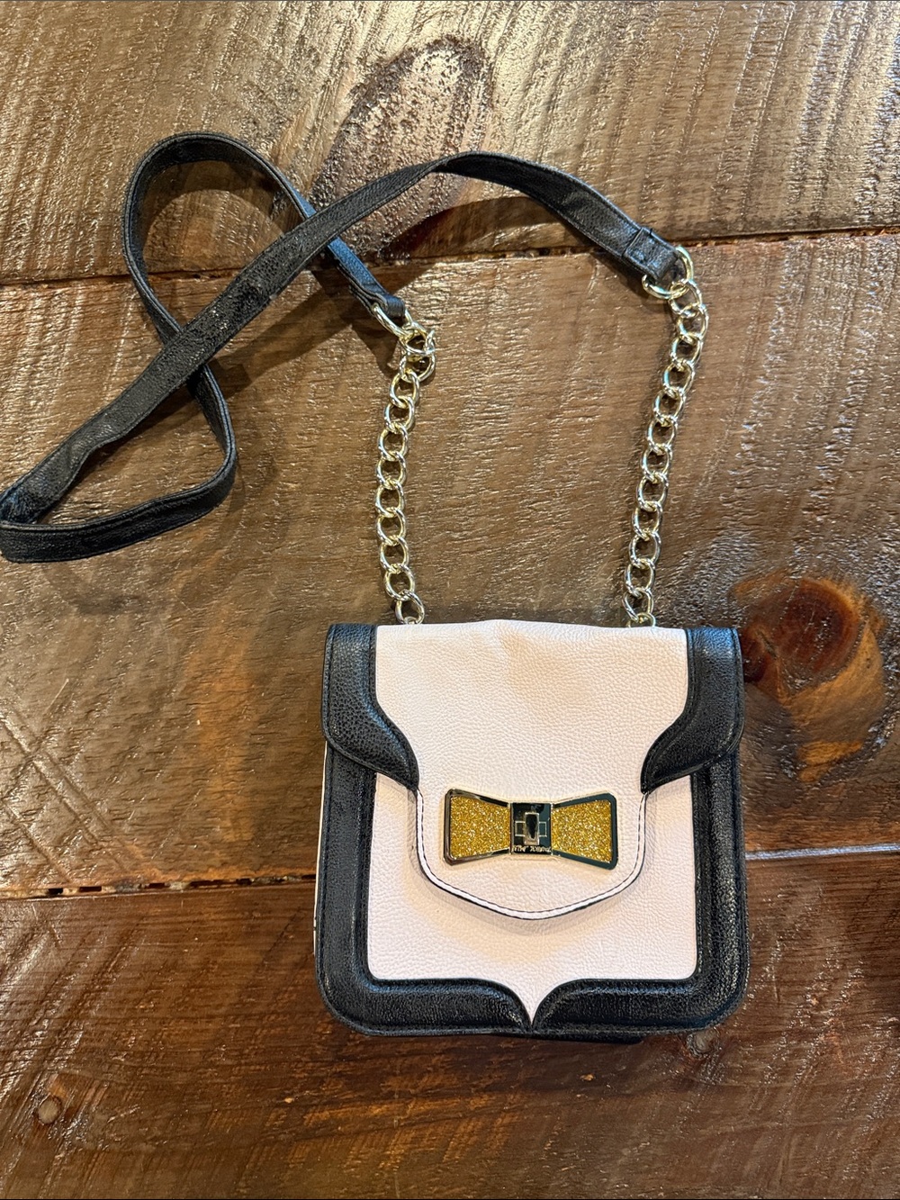 Betsey Johnson Pink and Black Bow Crossbody with Gold Chain